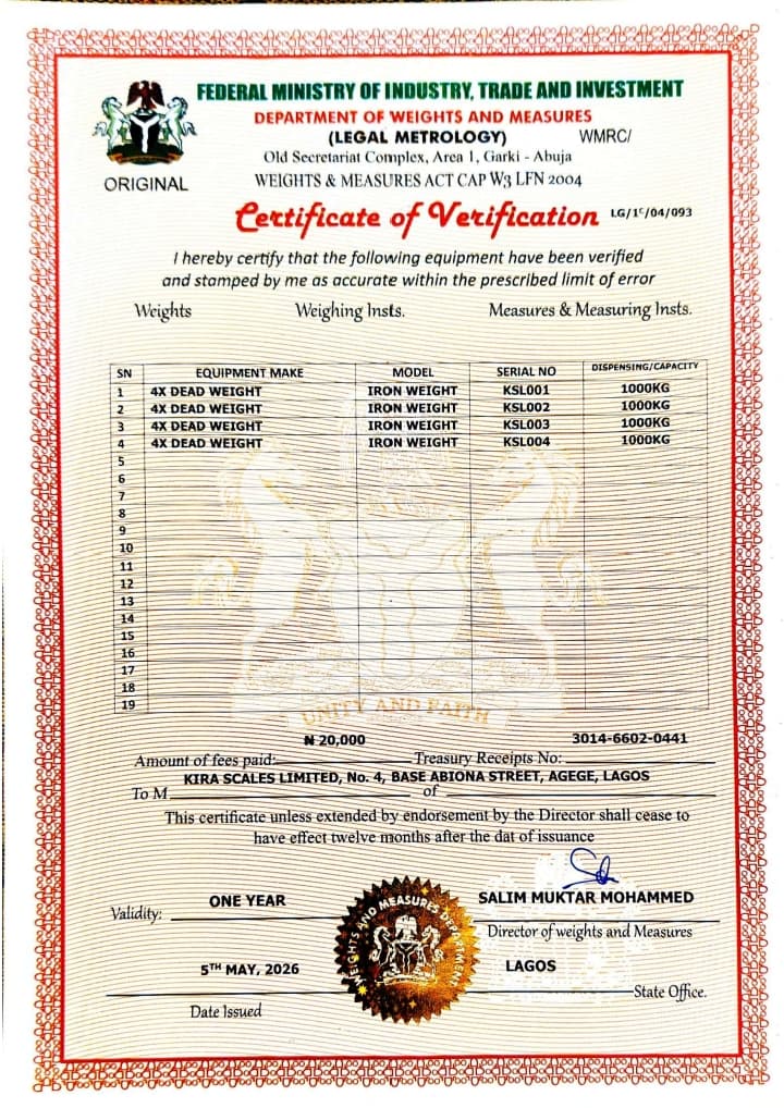 Weights & Measures Certificate