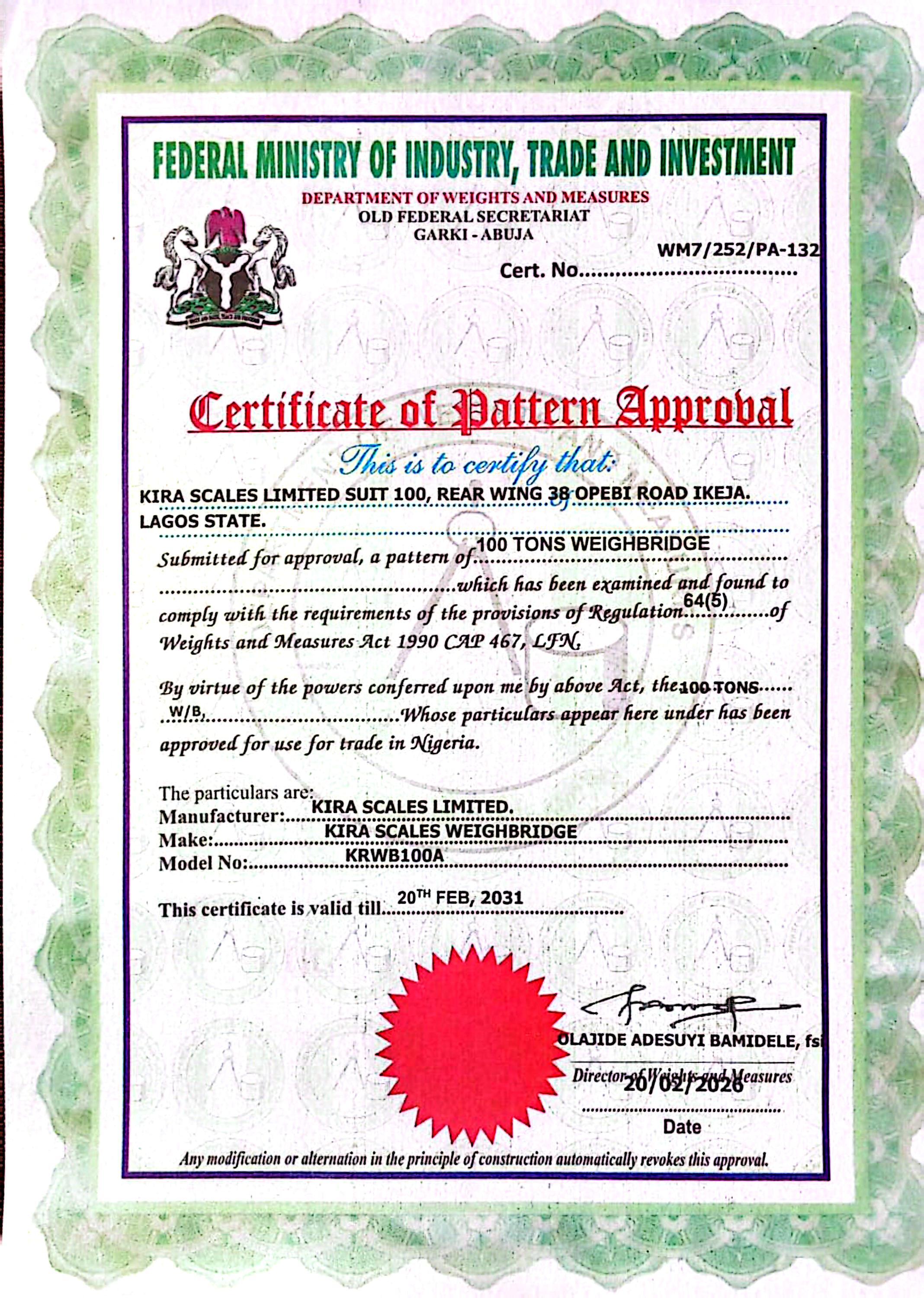 Pattern Approval Certificate