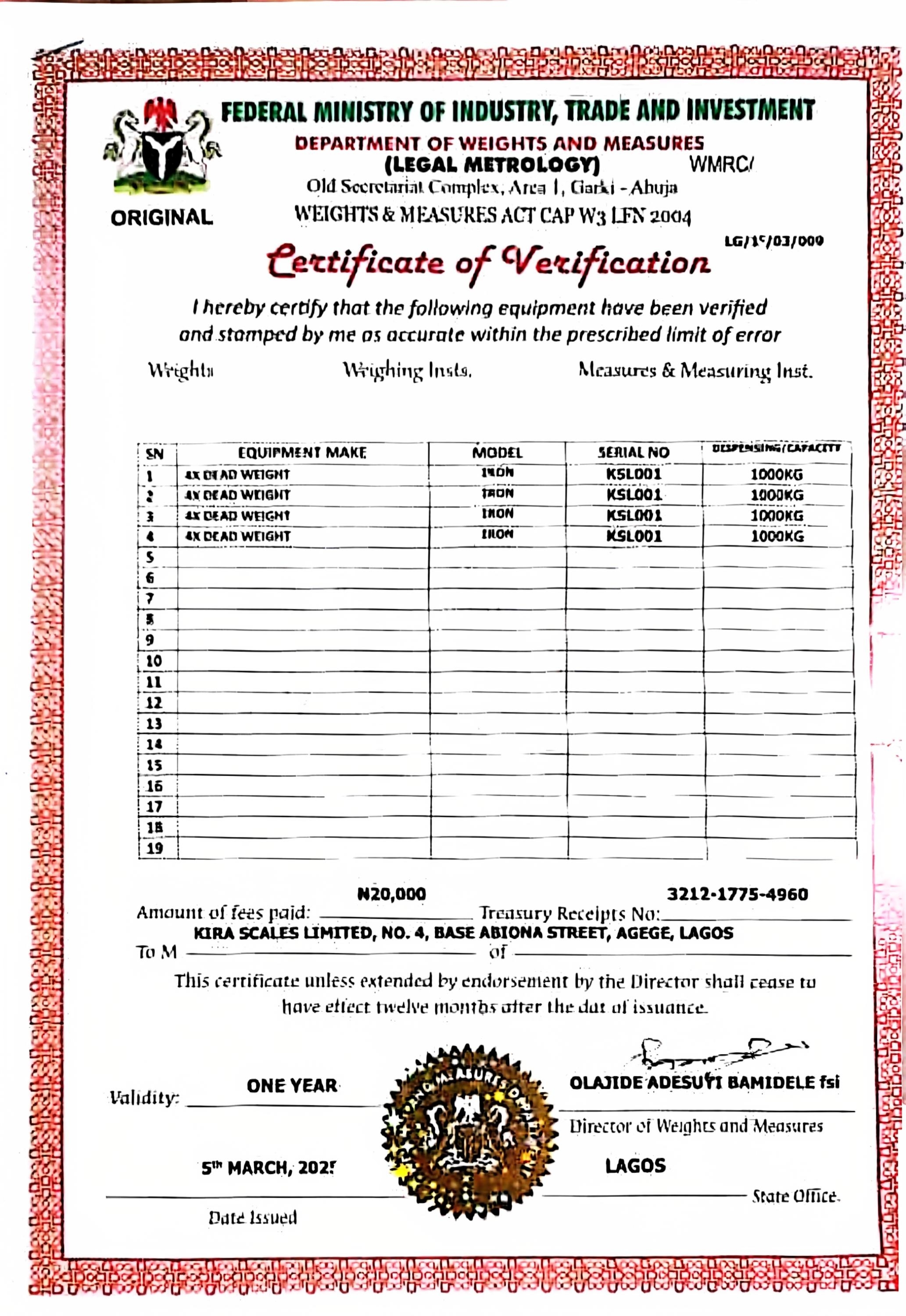 Weights & Measures Certificate